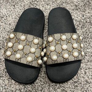 Gucci Black and Gold Sandals with Pearl Accents
